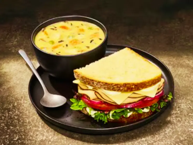 Turkey Cheddar Sandwich Cream of Chicken Wild Rice Soup
