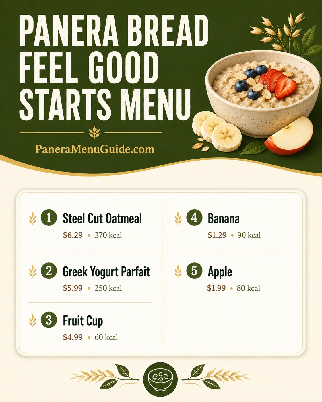 Panera Bread Menu visual guide: Feel Good Starts Menu with prices and calories