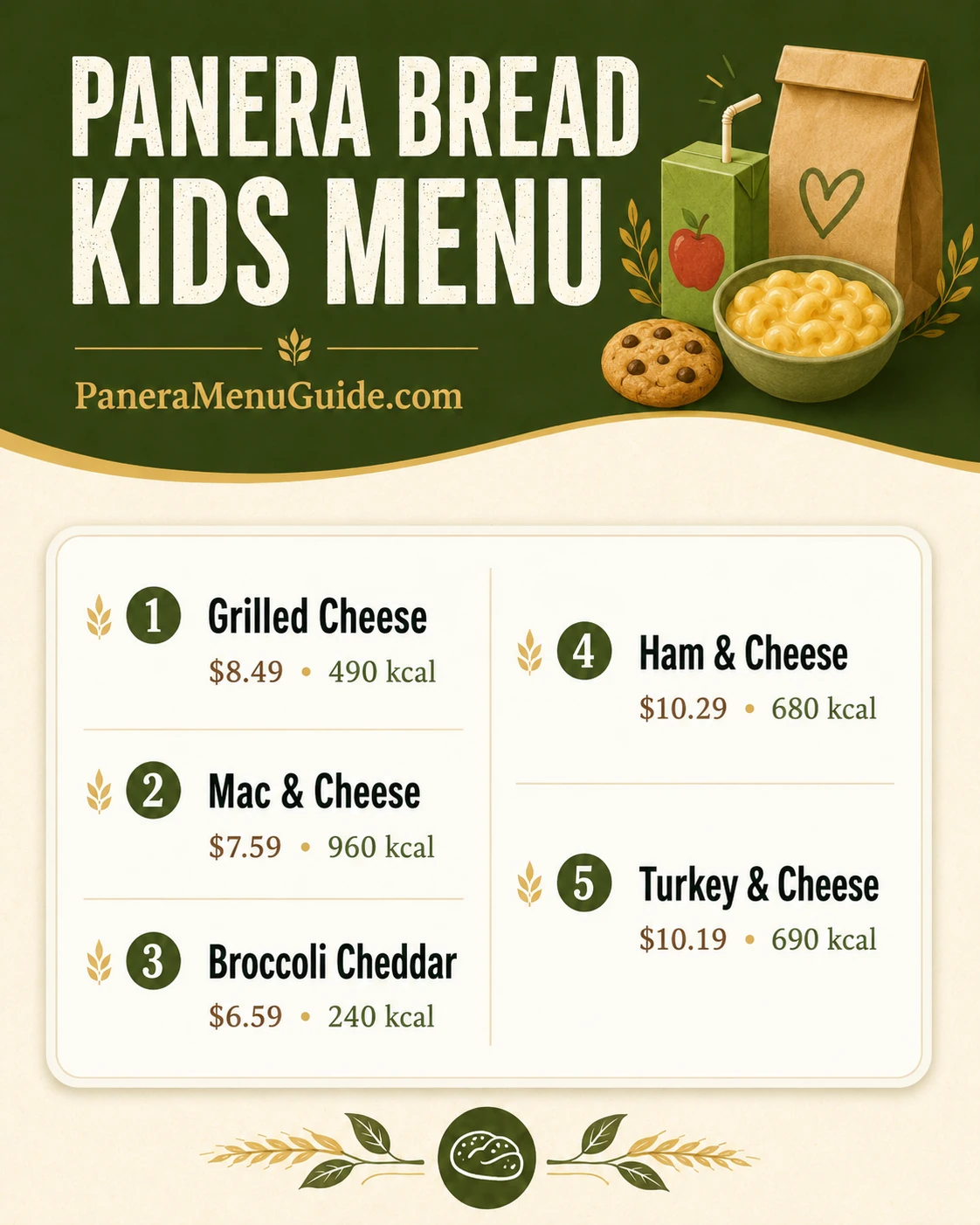 Panera Bread Menu visual guide: Kids Menu with prices and calories
