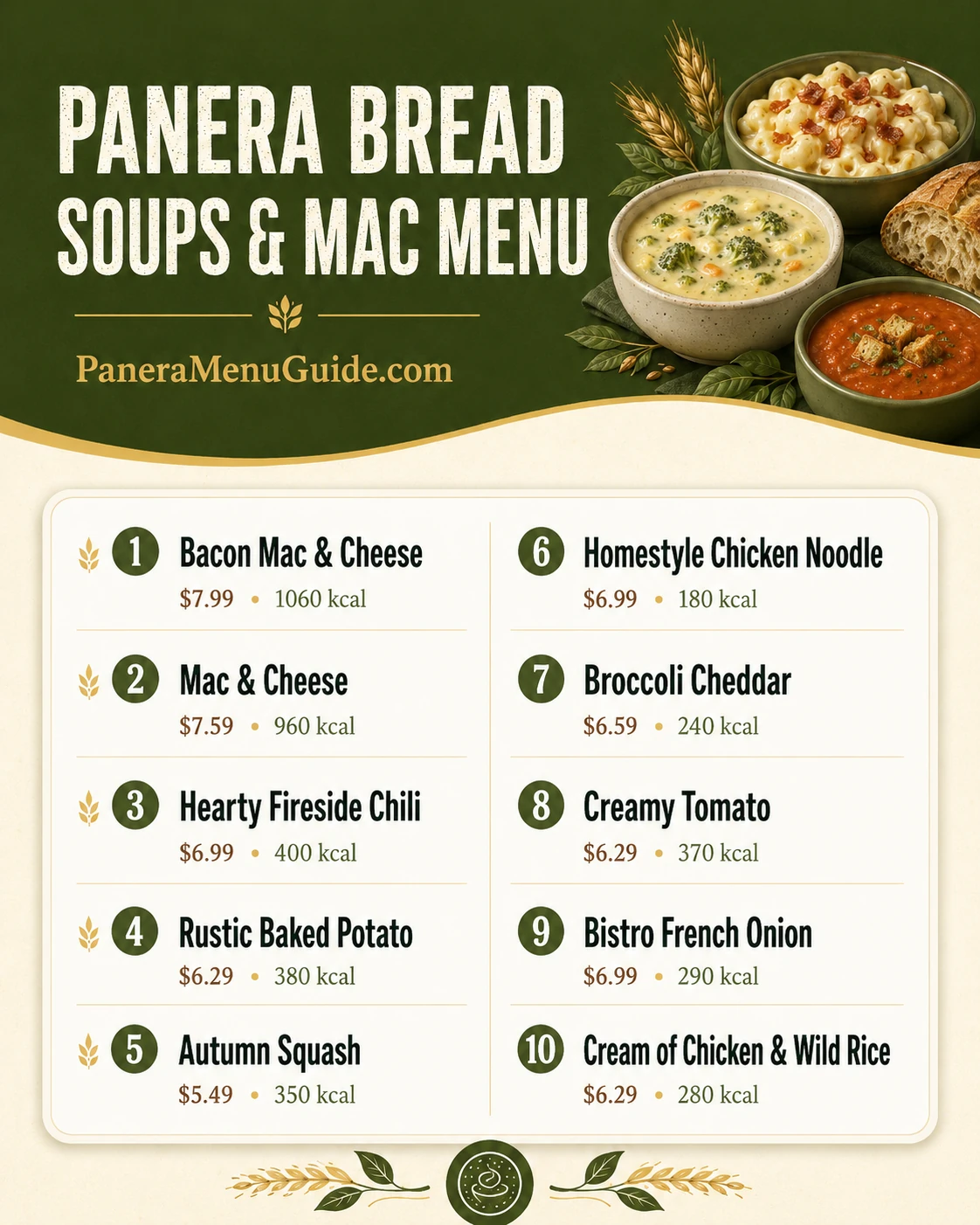 Panera Bread Menu visual guide: Soups Mac Menu with prices and calories